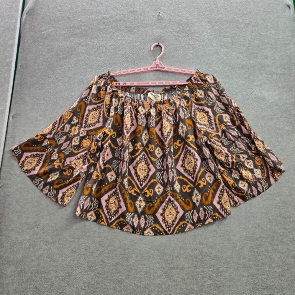 Savanna Jane Women Top 1X Pink Geometric Blouse Western Off Shoulder Flared